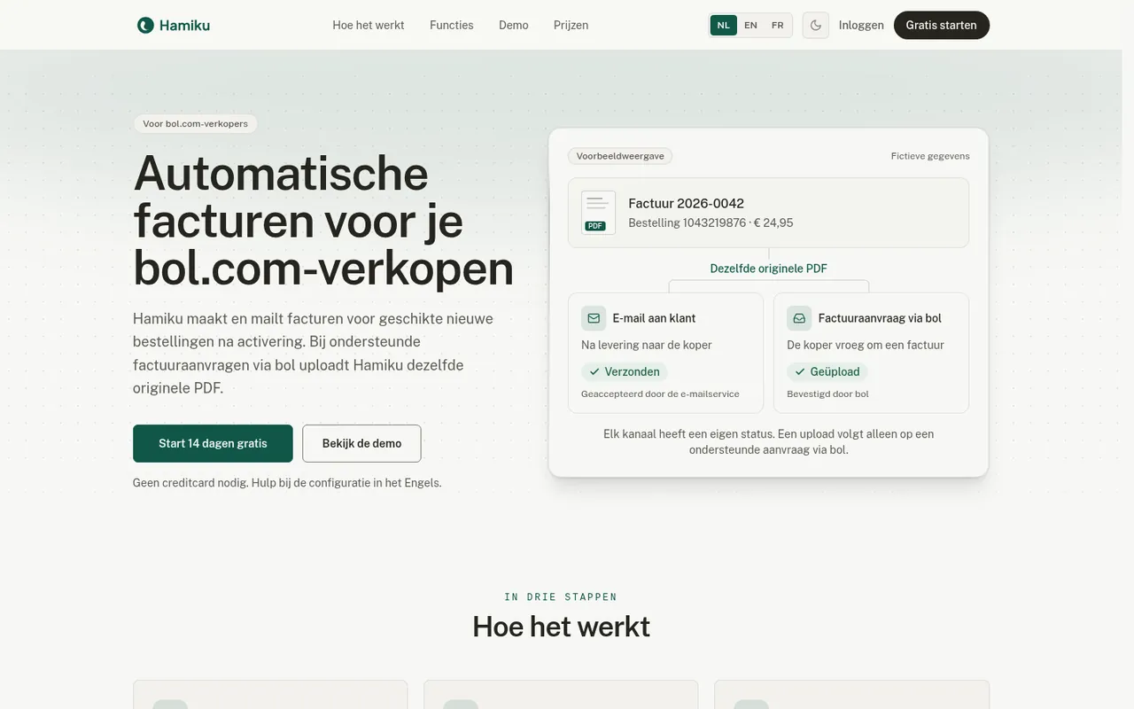 Hamiku homepage: headline Automatische facturen voor je bol.com-verkopen, with a start-free button.